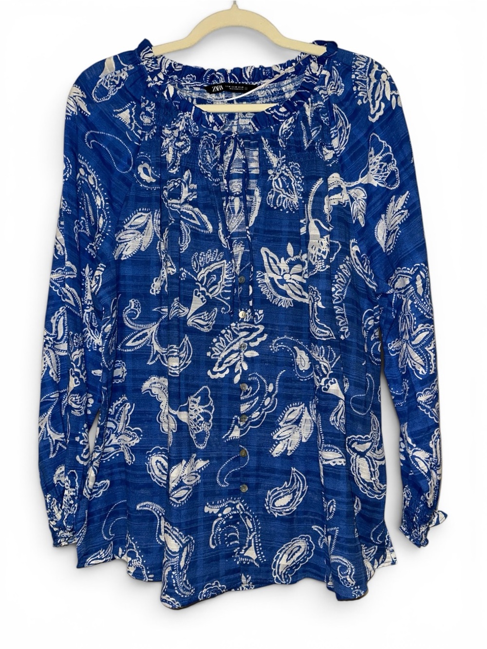Zara Royal Blue Paisley Tie‎ Front Smocked Peasant Tunic 100% Cotton Size M